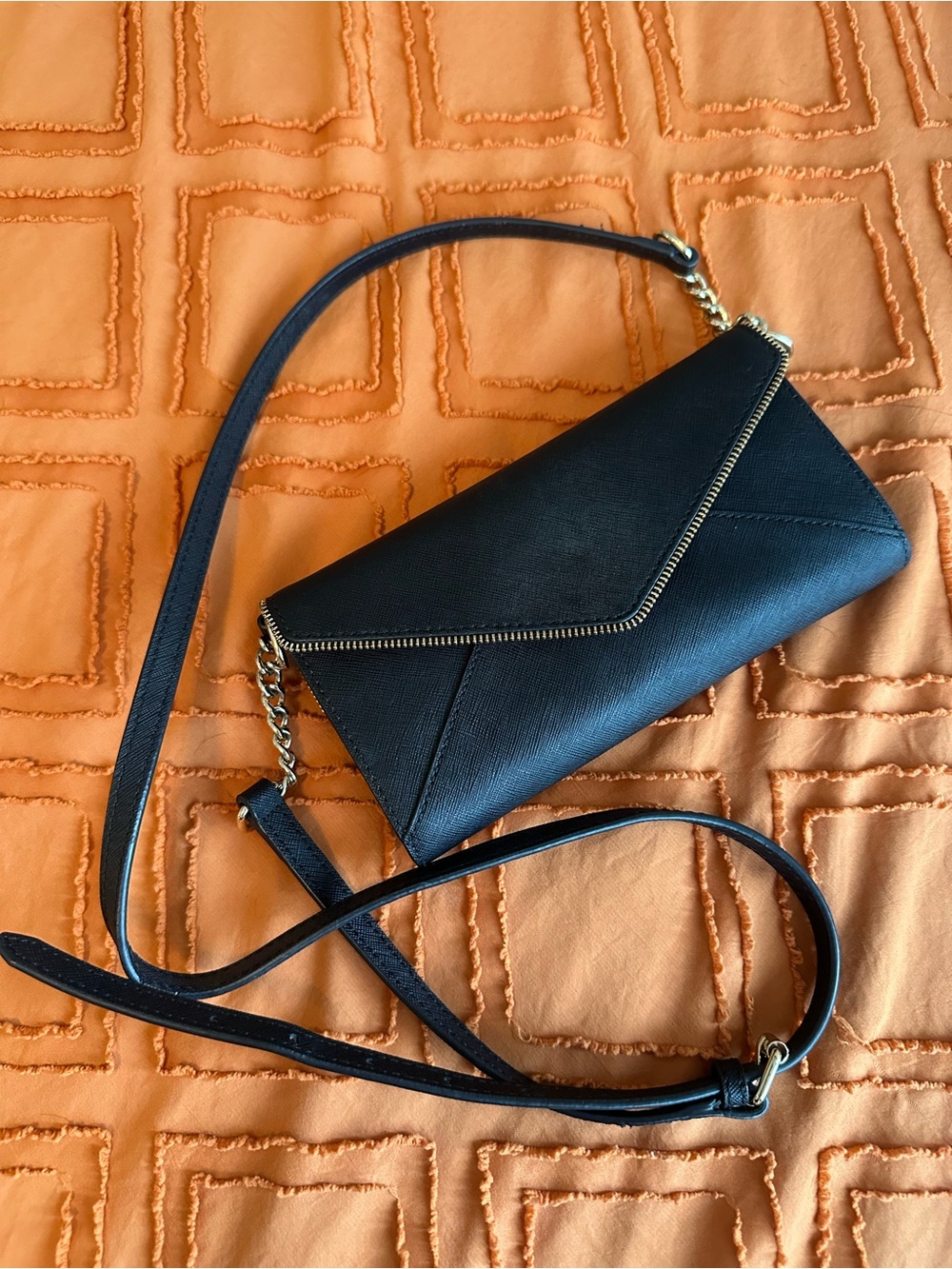 Rebecca Minkoff Black Envelope WOC Wallet on Chain Bag with Gold Zipper Trim